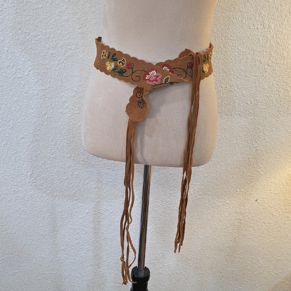 no brand Accessories - Embroidered Tan Belt with Fringe 37.5" Long